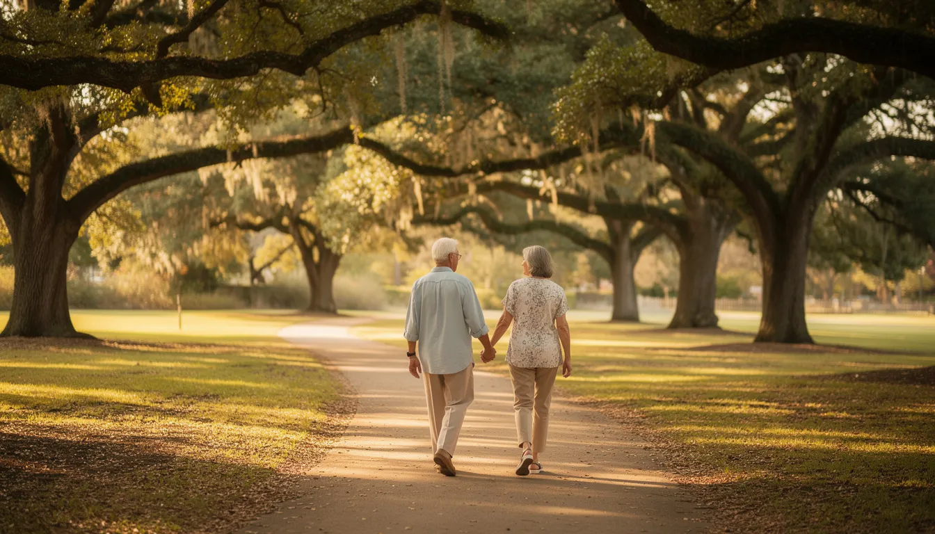 An elderly couple strolls hand-in-hand along a tree-lined path in a Texas park, surrounded by majestic live oak trees, embodying the joy of companionship and the importance of emotional support for older adults. This scene highlights the beauty of maintaining an active lifestyle and the benefits of community resources for seniors.