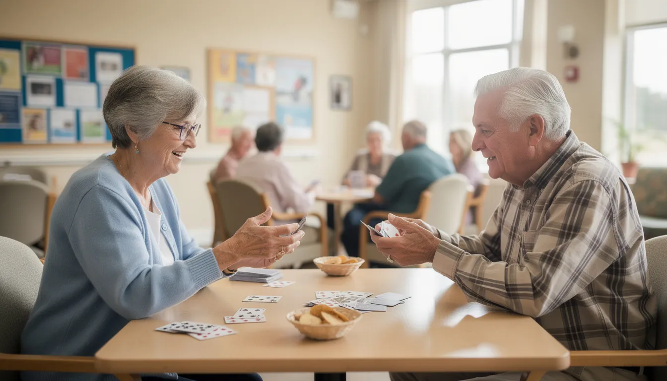 Two seniors are enjoying a game of cards at a table in a community center, highlighting the importance of social activities for older adults. This engaging interaction not only enhances their quality of life but also provides emotional support, fostering connections among aging loved ones.