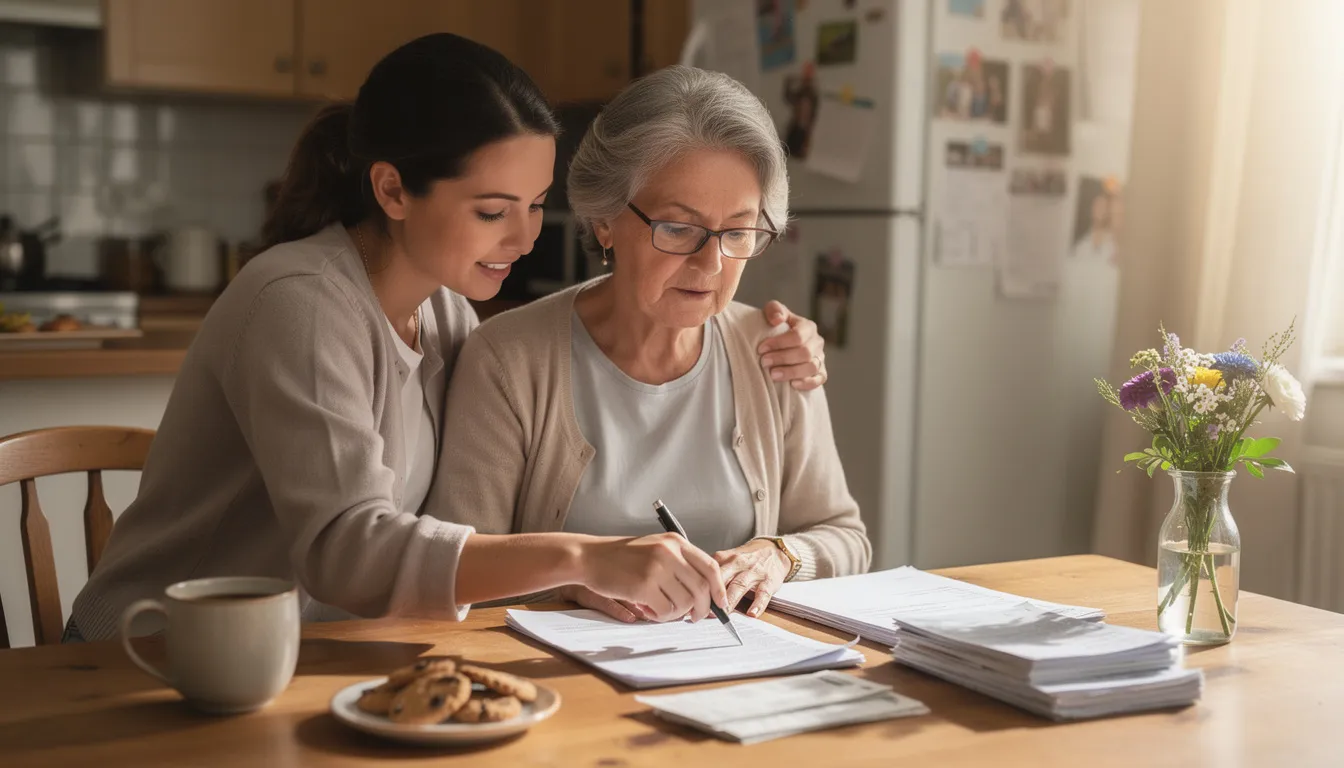 An adult daughter is sitting at a kitchen table, assisting her elderly mother with reviewing paperwork, highlighting the importance of family caregivers in providing emotional support and managing day-to-day tasks for older adults in their own home. This scene reflects the caring relationship that enhances the quality of life for aging loved ones.