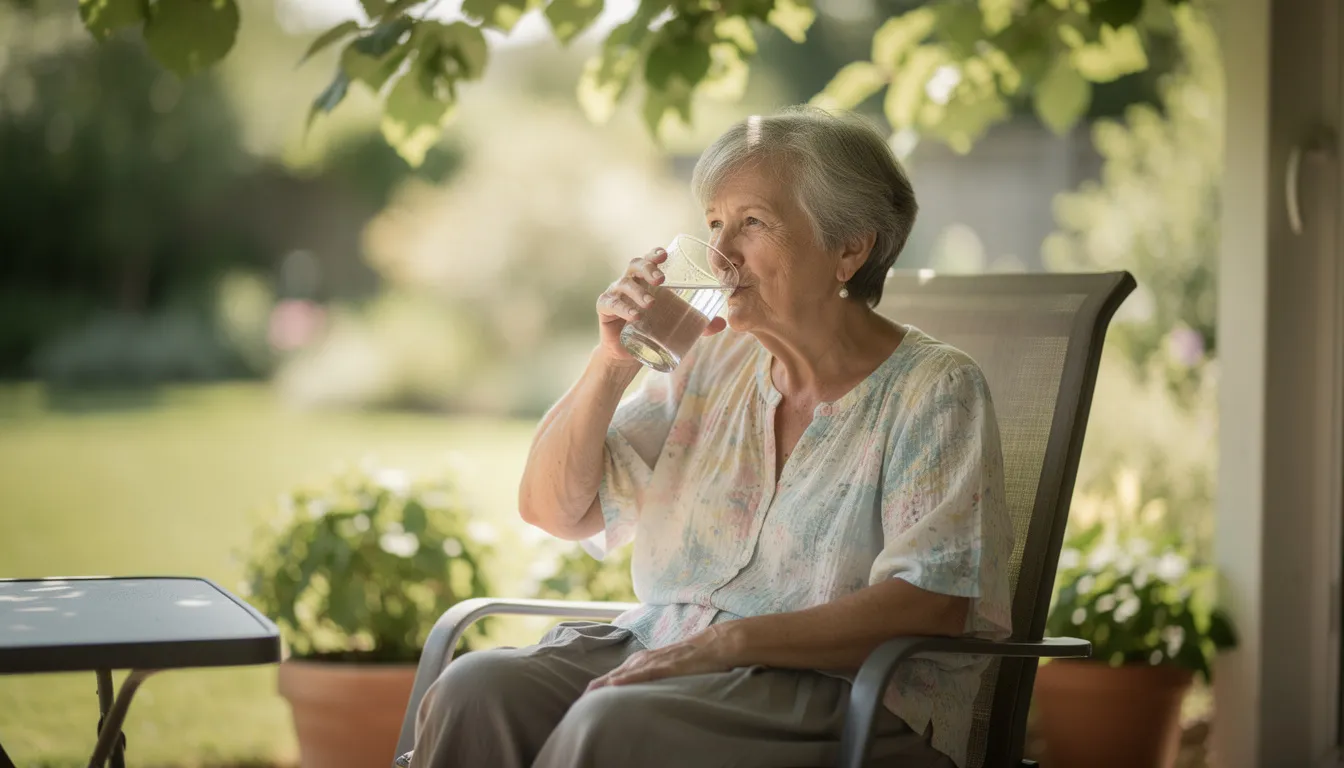 An older woman sits comfortably in a shaded outdoor area, sipping water on a warm day, enjoying her independent lifestyle. This scene highlights the importance of personal care and well-being for seniors, emphasizing the need for family caregivers to provide emotional support and ensure their loved one's safety.