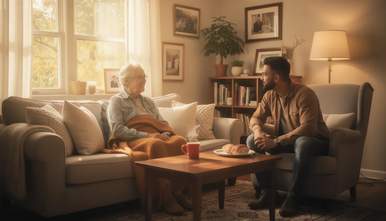 An elderly parent sits comfortably in a cozy living room, surrounded by warm lighting, while their adult child is nearby, offering support and companionship. This scene highlights the importance of family caregiving and the nurturing bond between aging parents and their adult children at home.
