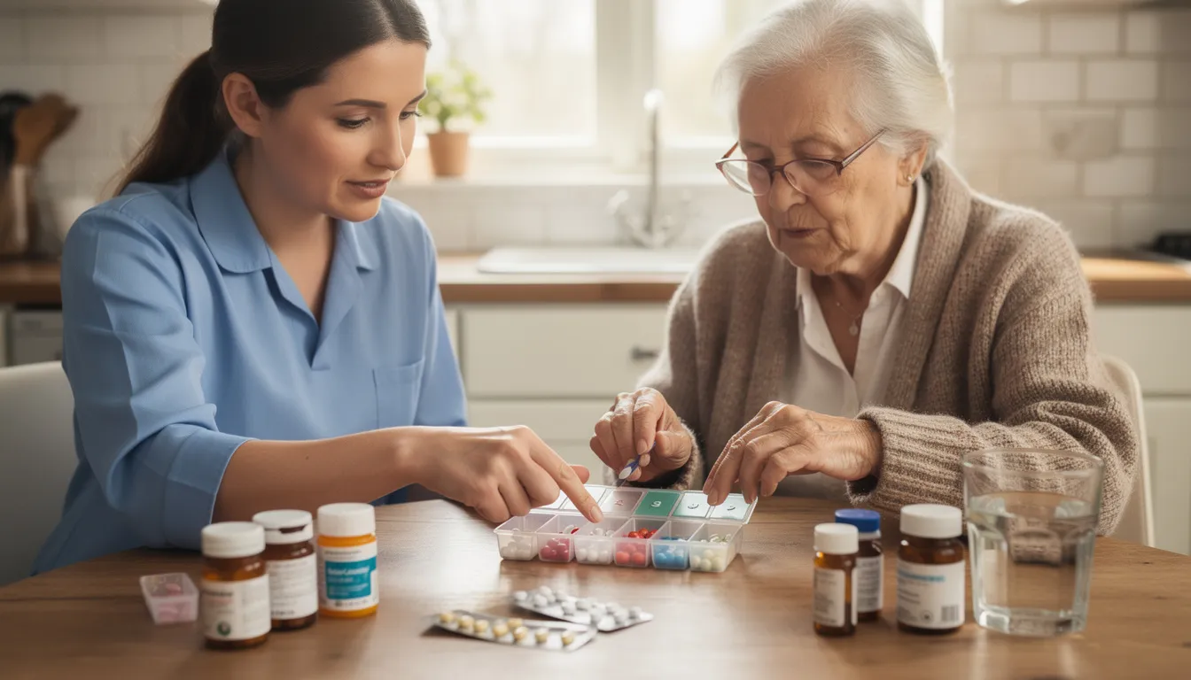 A caregiver is assisting an elderly person by organizing their medications into a pill organizer, ensuring effective medication management for their daily living. This personal care moment highlights the importance of family caregivers in supporting aging parents and providing peace of mind.