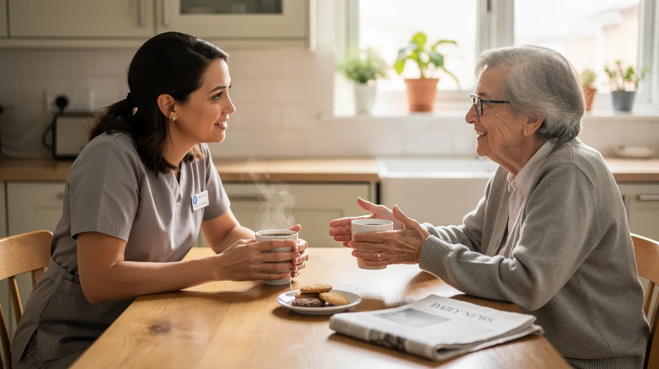 A professional caregiver and an elderly person are engaged in a warm conversation over coffee at a kitchen table, highlighting the importance of social support for mental and physical health. This moment emphasizes the emotional connection that can help manage caregiver stress and promote well-being for both the caregiver and their loved one.